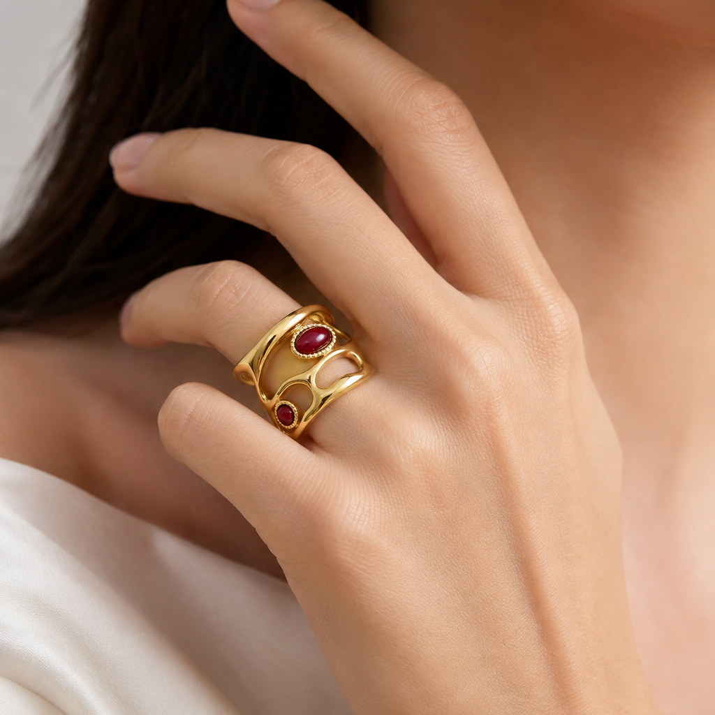Sculptural Red Stone Open Ring