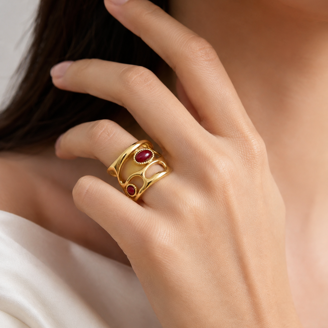 Sculptural Red Stone Open Ring